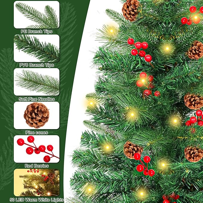 3 Ft Green Christmas Tree with Lights, Timer 8 Modes DIY 50 Warm White Lights Battery Operated Small Artifical Full Xmas Tree Pine Needles Cones Red Berry for Tabletop Home Indoor Holiday Party Decor