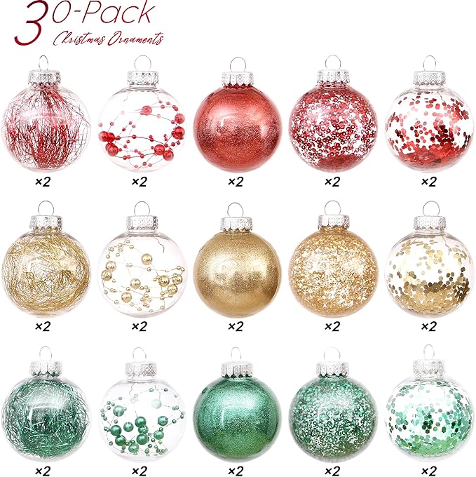 Sea Team 60mm/2.36" Shatterproof Clear Plastic Christmas Tree Ball Ornaments Set, Decorative Hanging Transparent Xmas Baubles with Stuffed Delicate Decorations (30 Counts, Gold, Red, Green)