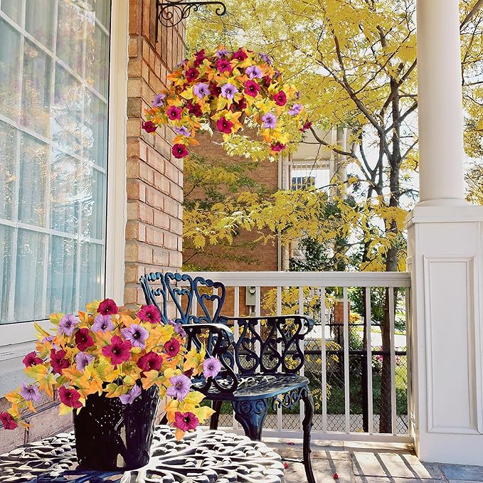 Artificial Fall Flowers Fake Petunias Plants for Outdoor Decoration, 2 Pcs Silk Faux Flowers UV Resistant No Fade Plants for Garden Balcony Yard Porch Realistic Indoor Decor (Burgundy Purple)