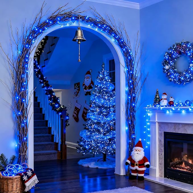 JMEXSUSS 250 LED Blue String Lights Indoor, 91.5ft Connectable Christmas Lights Outdoor Waterproof, 8 Modes Blue Christmas String Light for Party Garden Tree Halloween Decoration