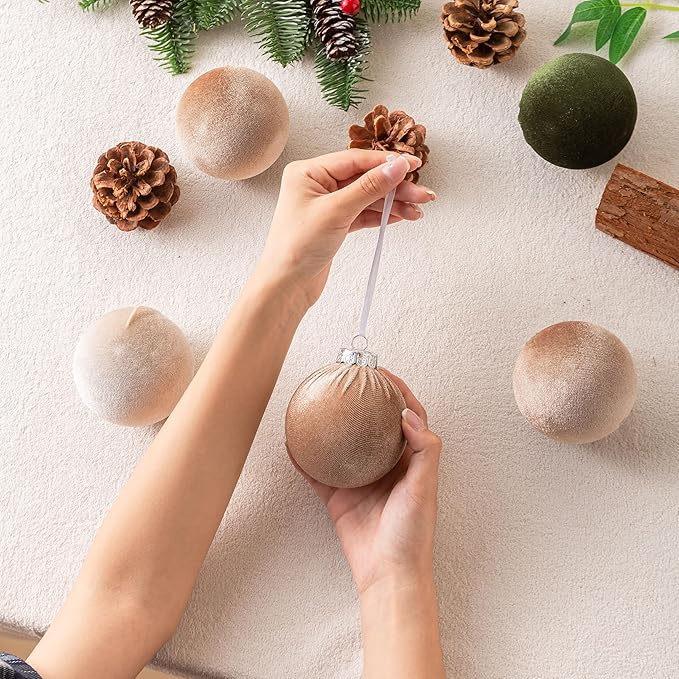 Christmas Ball Ornaments, 15 Pcs Green & Coffee Ornaments with Velvet, Multicolor Xmas Tree Decorations for Christmas Tree Holiday Decor