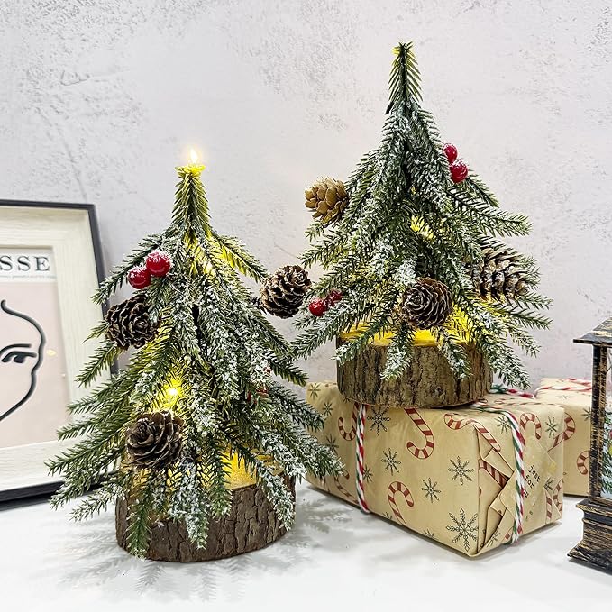 2 Pack Artificial Christmas Tabletop Mini Pine Trees, 6.5 in Tall Lighted Holiday Decorations with Wooden Base, Red Berries, Pine Cones Snowflake for Home Table Windowsill Office Desk Mantel