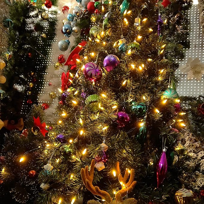 Christmas Light, 33ft 100 LED Battery Operated String Lights with Auto Timer & 8 Modes, Green Wire Outdoor Waterproof String Lights for Outdoor and Indoor Christmas Decor – Warm White