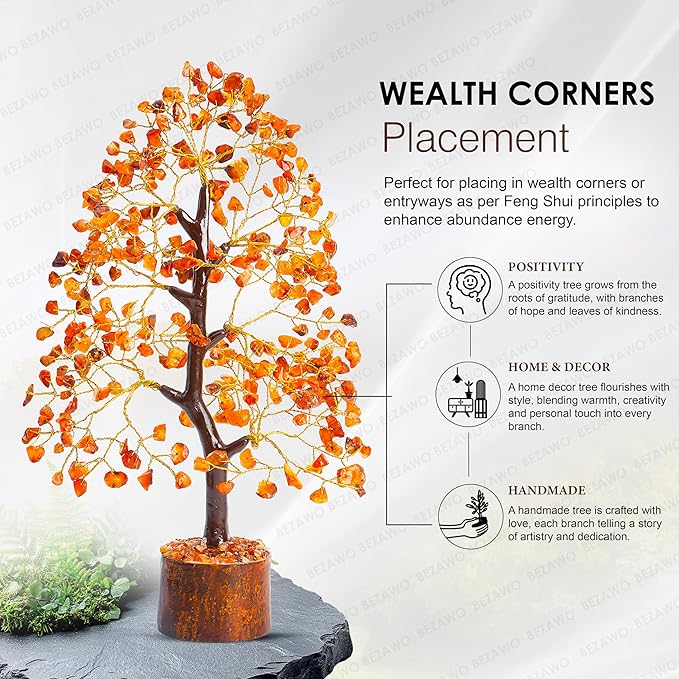 Crocon Carnelian Chakra Tree of Life - Crystal for Positive Energy, Handmade Gemstone Feng Shui Decor, Good Luck Money Tree Bonsai - Orange Healing Crystals for Sacral Chakra, Prosperity Gift