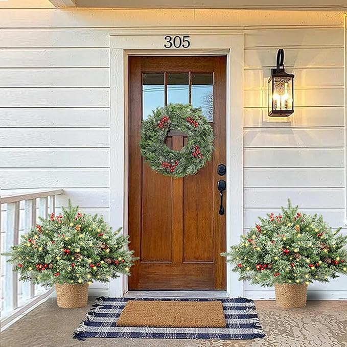 18 Inch Pre-lit Outdoor Christmas Tree, Frosted Christmas Urn Filler for Pathway &Porch& Yard Decorations, with 50 LED 8 Modes Lights,Battery Powered, Decor with Cones & Red Berries