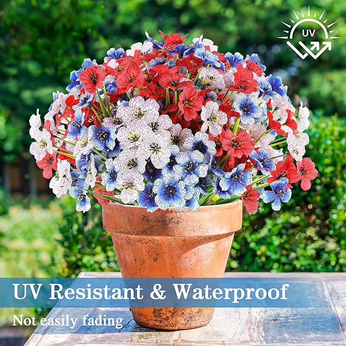 AGIRL 24 Bundles Artificial Flowers for Outdoor,No Fade Fake Plastic Flowers for Garden Porch Window Box Home,Red White Blue Faux Plants for 4th of July Memorial Day Independence Day Patriotic Decor