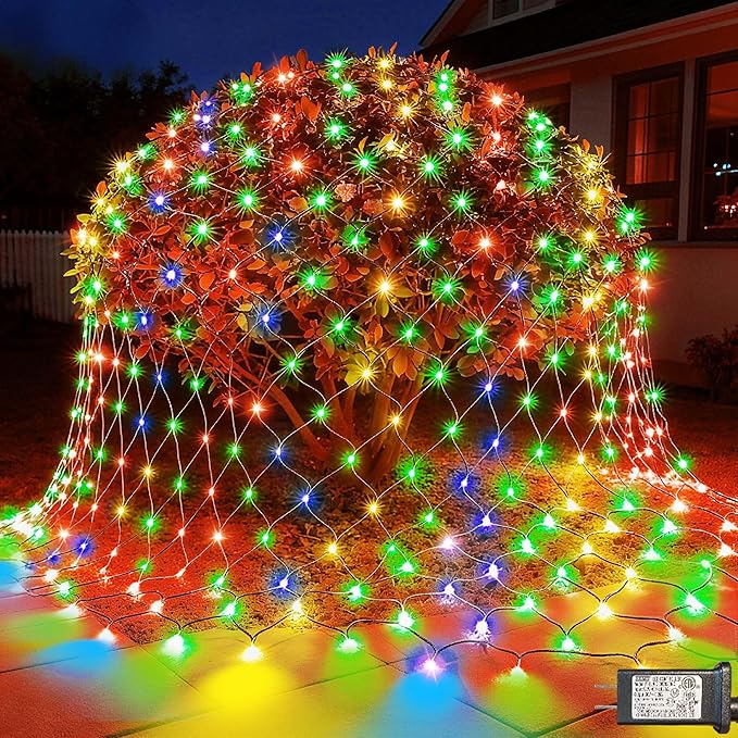 LitHome 14.8FT x 5FT Led Christmas Net Lights Outdoor, 300 LED Multicolor Christmas Net Lights for Bushes Connectable, 8 Modes Colorful Giant Mesh Light Green Wire for Yard, Garden, Party, Tree Decor