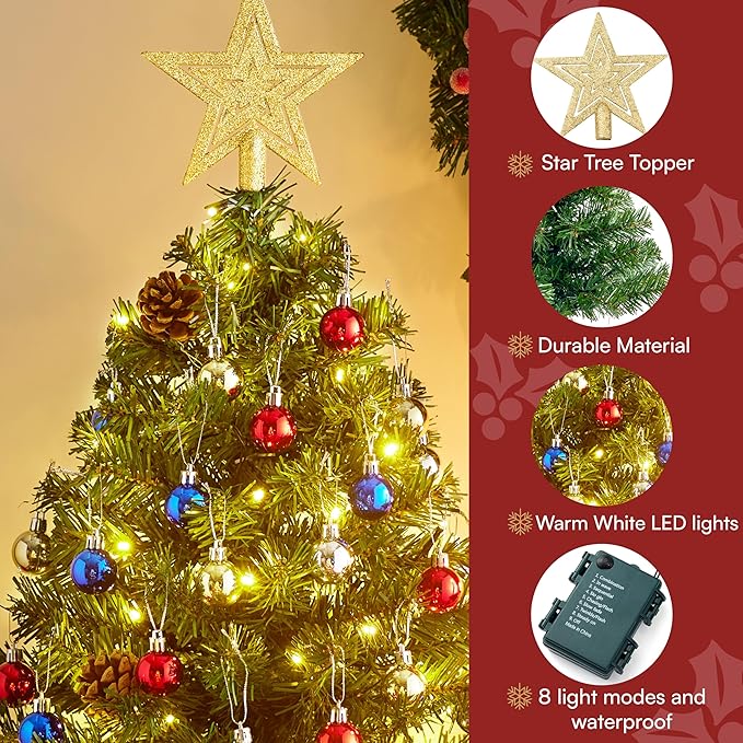 Joiedomi 24 Inch/2FT Pre Lit Tabletop Mini Christmas Tree Decorations with Warm LED Lights, Gift Box and Christmas with Ball Hanging Ornaments for Indoor Xmas Holiday Season Best DIY Decorations