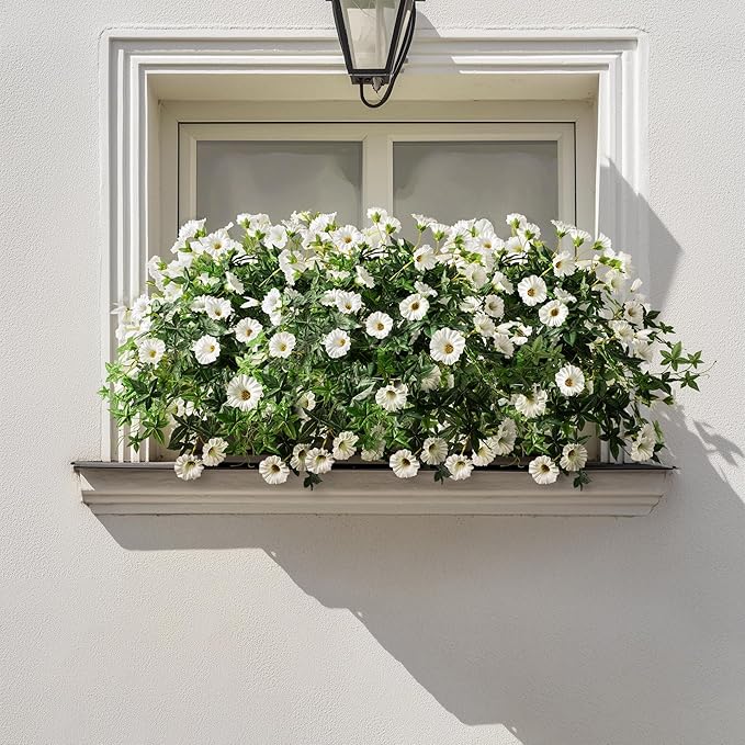 Artificial Flowers Artificial Petunias for Outdoors Artificial Hanging Plants Outdoors Silk Flowers with Stems Outdoor Flowers Uv Resistant for Porch Decor Terrace Decor（White） with Pot 2PCS