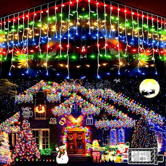 KNONEW Christmas Lights Outdoor Decorations 400 LED 33ft 8 Modes Curtain Fairy String Light with 75 Drops, Clear Wire LED String Light for Wedding Party Holiday Christmas Decorations Multicolor