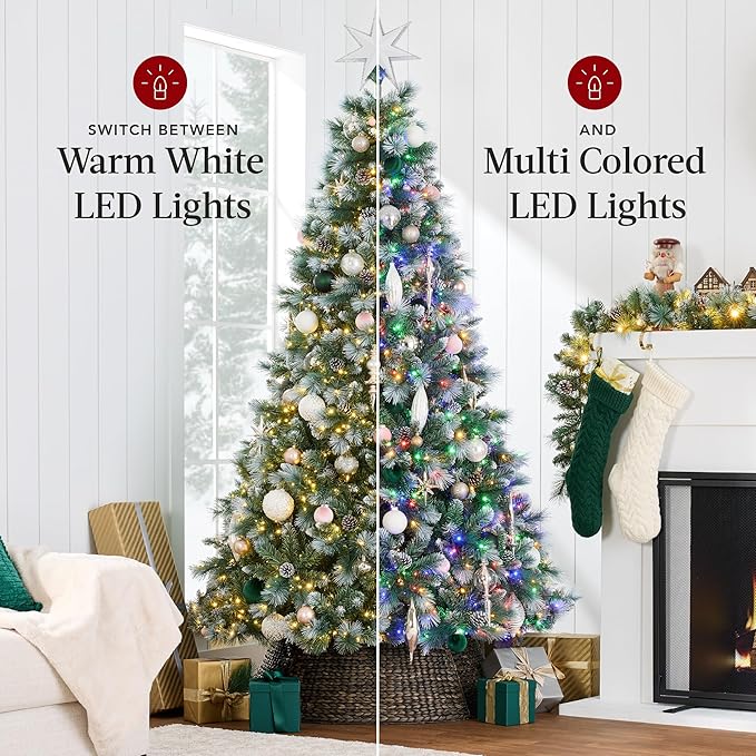 Best Choice Products 4.5ft Pre-Lit Scotch Pine Christmas Tree, Premium Frosted Pre-Decorated Artificial Holiday Decor w/ 396 Branch Tips, 2-in-1 White and Multicolor LED Lights, Cordless Setup