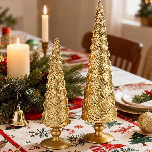 2Pcs Christmas Tree Figurines, Gold Resin Christmas Trees with Spiral Design, Small Decorative Tabletop Trees for Mantel, Modern Holiday Home Decor for Living Room, Office, Shelf, Festive Centerpiece