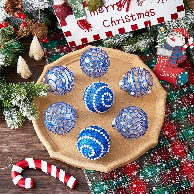 12CT Christmas Ball Ornaments Royle Blue Shatterproof Clear Large Plastic Christmas Tree Decoration, Delicate Hanging Ornaments for Xmas Party, Wedding, Holiday and Home Décor(70mm/2.76")