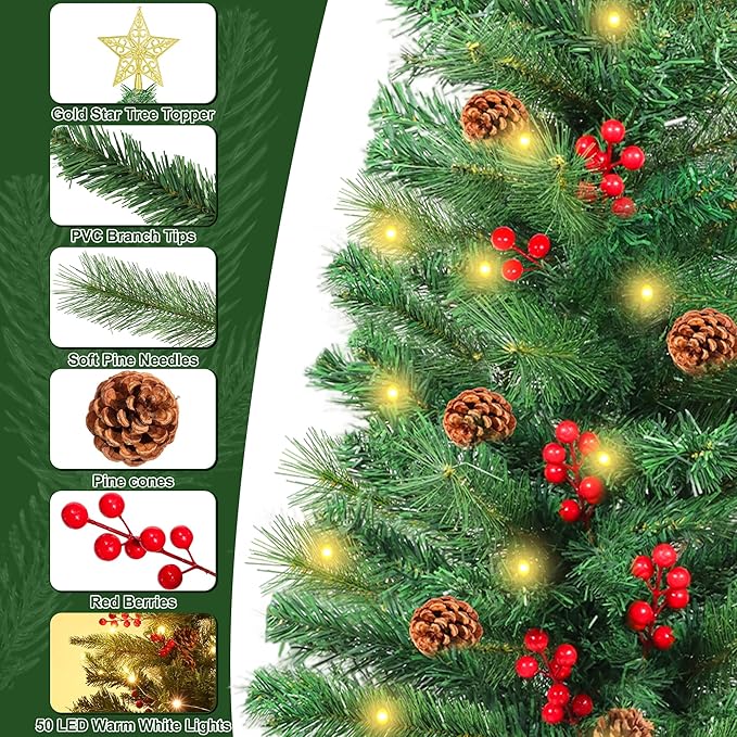3 Ft Artificial Christmas Tree with Pine Needle Acorn Red Berries 8 Modes Timer 50 Warm White Lights Battery Operated Small Xmas Full Tree for Home Indoor Office Tabletop Holiday Decorations