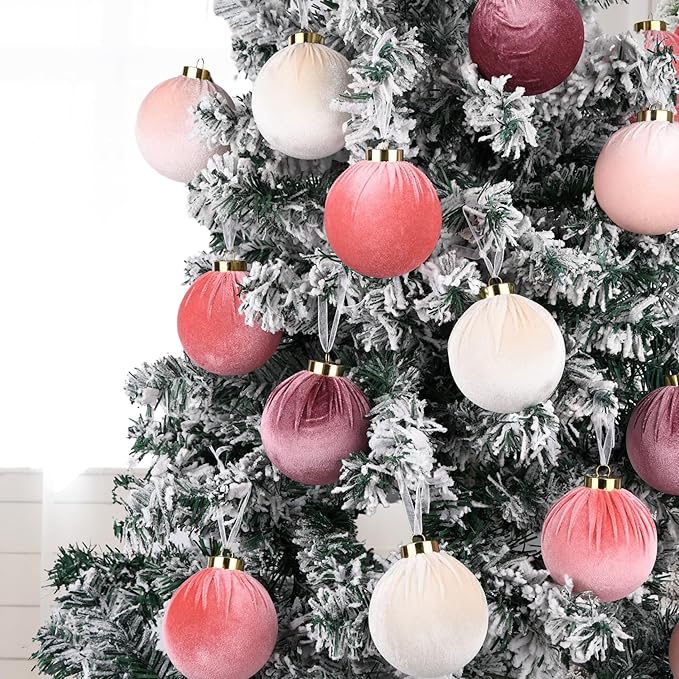 Velvet Christmas Ornaments Balls for Tree - 15pcs Pink Christmas Ornaments Shatterproof for Xmas Decorations - Multicolor Pink & Beige 80mm 3.15inch