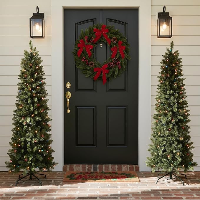 Himimi Pre-lit Christmas Artificial Tree Slim Pencil Tree Space Saving, 6ft Skinny Christmas Trees with Multi Colored Lights, Foldable Metal Stand