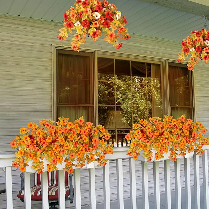 Artificial Fall Flowers Fake Petunias Plants for Outdoor Decoration, 2 Pcs Silk Faux Flowers UV Resistant No Fade Plants for Outside Garden Balcony Yard Porch Realistic Indoor Decor (Orange)