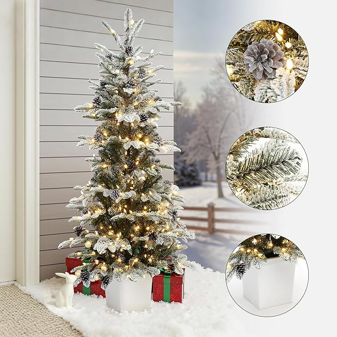 LuxenHome 5FT Small Potted Christmas Tree, Flocked Christmas Tree with Pot, Prelit Artificial Xmas Trees with 300 LED Lights and Pine Cone, Lighted Pine Trees for Indoor, Outdoor Holiday Display