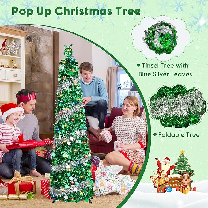 5FT Pop Up Christmas Tree with 90 LED Lights, Collapsible Artificial Pencil Christmas Tree, Tinsel Skinny Christmas Trees for Home Apartment Porch Indoor Outdoor Holiday Decorations