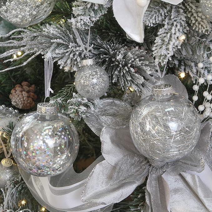 Sea Team 50mm/1.97" Shatterproof Clear Plastic Christmas Tree Ball Ornaments Set, Decorative Hanging Transparent Xmas Baubles with Stuffed Delicate Decorations (30 Counts, Silver)