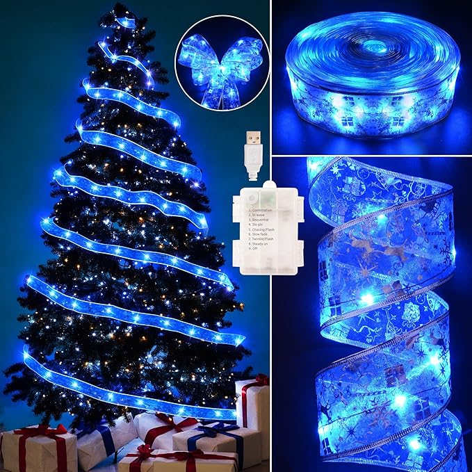 Christmas Decorations, 2.5Inch x 33Ft 100 Led Christmas Tree Ribbon Lights with Remote Control, Battery Operated & USB Powered 8 Lighting Modes Fairy String Lights with Timer for Xmas Decor