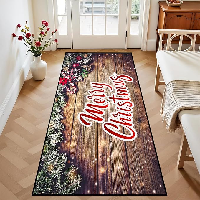 Christmas Rug Xmas Holiday Decorative Wood Grain Pattern Welcome Mat for Home Decoration Non Slip Outdoor Indoor Entrance Floor Mat,79" X 39"