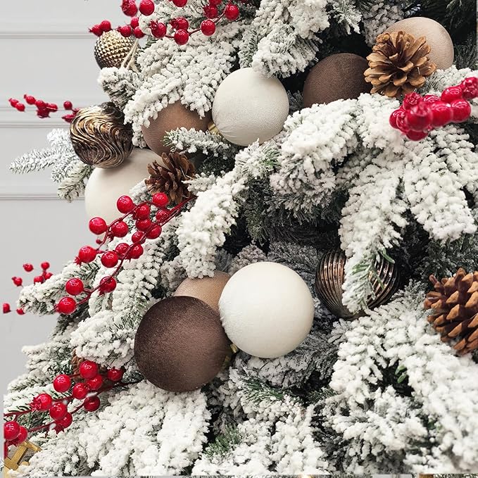 18PCS Velvet Christmas Ornaments – Large Matte Flocked Shatterproof Baubles for Xmas Tree Decoration, Neutral Hanging Ornaments for Holiday Home Décor (Dark Light Brown, Cream White, 3 Inch / 8 cm)