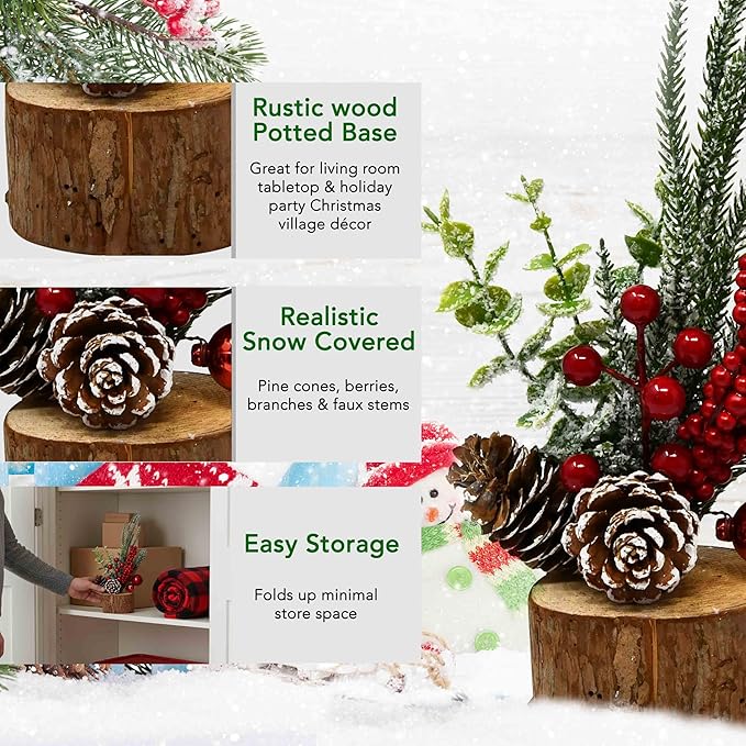 GIft Boutique Christmas Mini Tabletop Tree with Small Artificial Decorative Pine Cone Berries Ornaments Wood Base Home Room Indoor Outdoor Party Decor