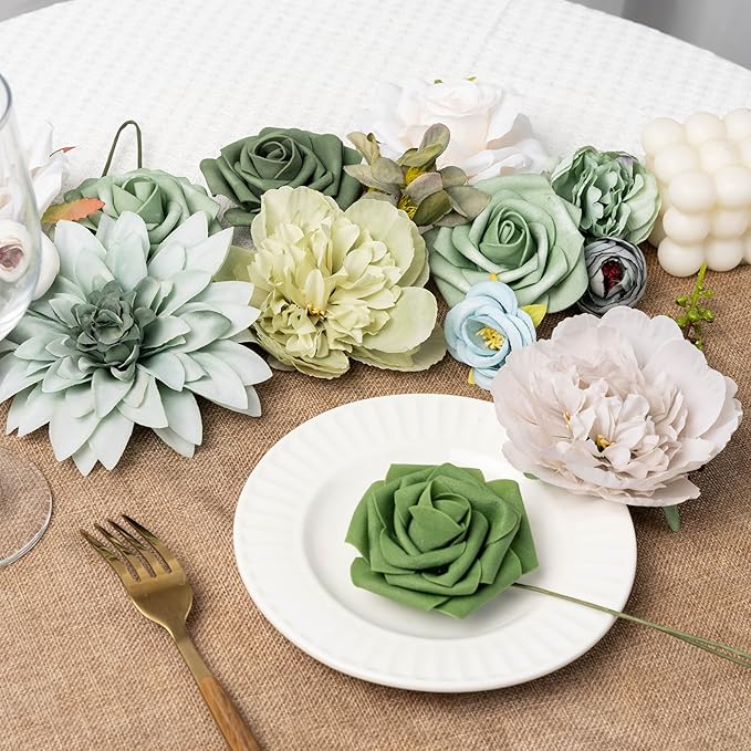 30 Pcs Artificial Flowers Combo Green Flowers Mix Silk Flowers Dahlia Roses with Stems for DIY Wedding Bridal Bouquets, Baby Shower, Floral Arrangement, Table Centerpieces, Home Decorations.