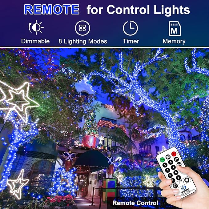 KNONEW 403ft 1000 LED Christmas Lights Outdoor String Light with Remote Control 8 Modes and Timer Memory, Green Wire Waterproof Fairy Lights Decorations for Xmas Tree Wedding Decor (Blue)