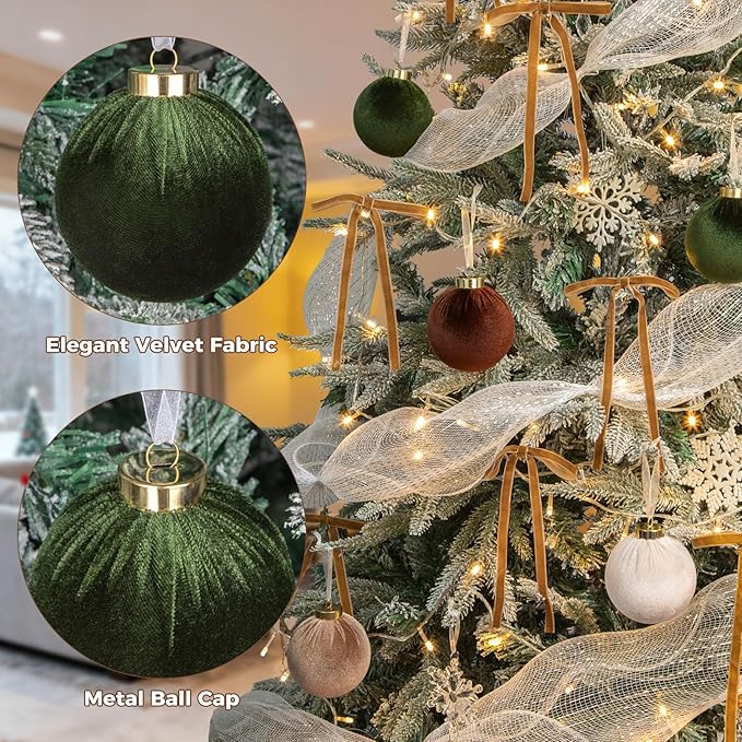 24 Pack Velvet Christmas Ornaments Set, 3.15 Inch Large Neutral Christmas Ball Ornaments Shatterproof Flocked Hanging Balls with Velvet Bows for Xmas Tree Garland Wreath Holiday Home Decor