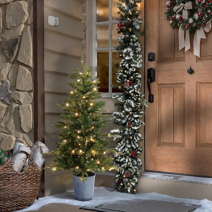 LuxenHome 4FT Small Christmas Tree, Prelit Slim Potted Christmas Trees with 70 Warm White LED Lights, Lighted Artificial Tree with Metal Pot, Small Faux Holiday Tree for Indoor Home, Office Decor