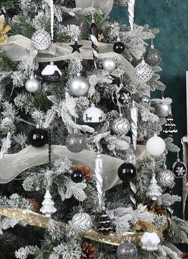 124Ct Black White and Silver Christmas Ornaments Set, Elegant Shatterproof Assorted Christmas Decorations for Xmas Tree Snowflake Icicle House Ball Ornaments Baubles for Holiday (Black White Silver)