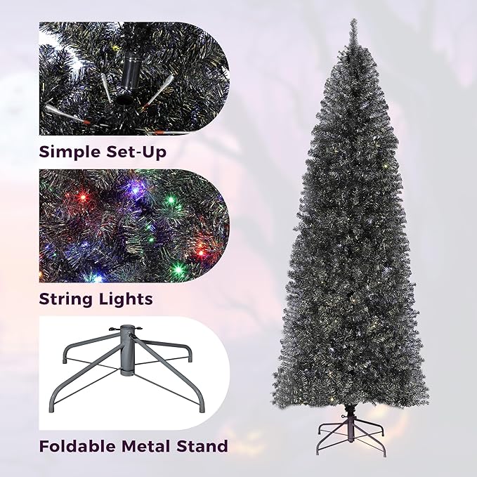 GAOMON 7.5Ft Christmas Tree, Artificial Black Halloween Pencil Christmas Tree with Sturdy Metal Stand & Realistic Branch Tips, Slim Skinny Xmas Holiday Decoration for Halloween, Home, Office, Black