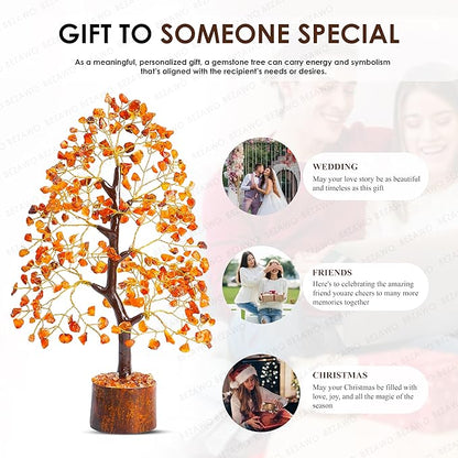 Crocon Carnelian Chakra Tree of Life - Crystal for Positive Energy, Handmade Gemstone Feng Shui Decor, Good Luck Money Tree Bonsai - Orange Healing Crystals for Sacral Chakra, Prosperity Gift