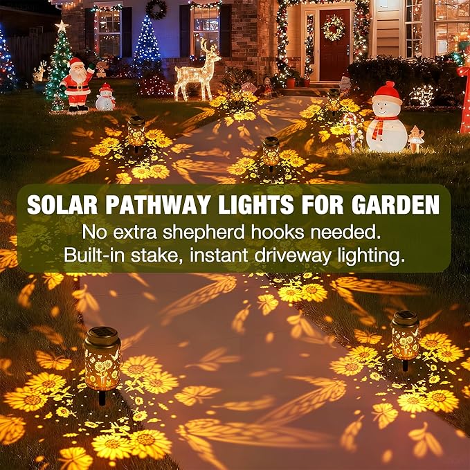Cooo 4 Pack Solar Lanterns Outdoor Waterproof Sunflower Butterfly Solar Pathway Lights Landscape Path Christmas Gifts for Women Mom Grandma for Outdoor Table Lamps Garden Yard Backyard Decor -Gold