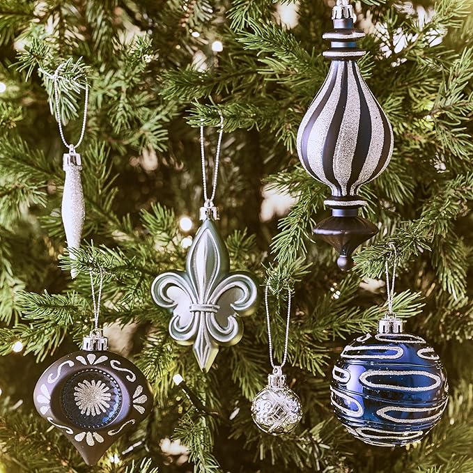 Valery Madelyn Fall Ornaments for Christmas Trees, 60ct Navy Blue and Silver Shatterproof Christmas Tree Decorations, Luxury Hanging Ball Ornaments Bulk for Thanksgiving Autumn Harvest Decor