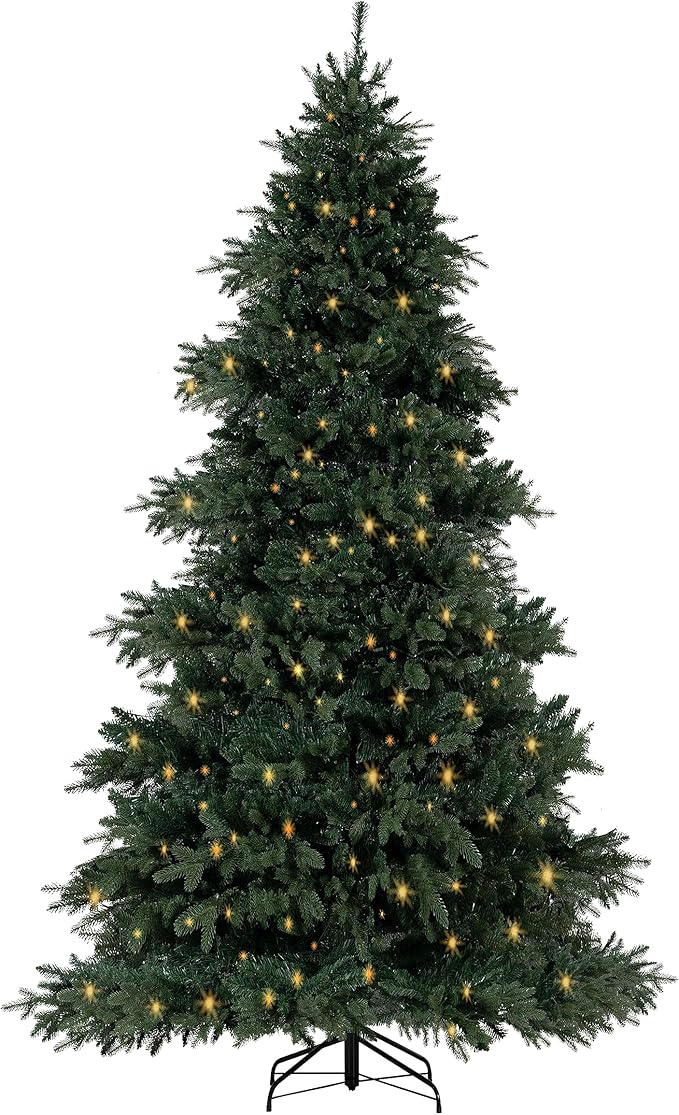 Naomi Home 6.5ft Rustic Christmas Tree with Lights, Realistic Classic Prelit with 2595 Branch Tips, 600 Warm Lights and Metal Stand, Aritificial Tree