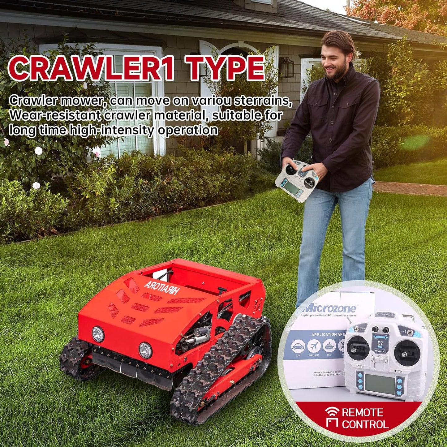 HIRAI TORA Robotic Lawn Mower 45° Slope Climbing, 4WD All-Terrain, Adjustable Cutting Height, Remote Control for Home, Golf & Park Lawn