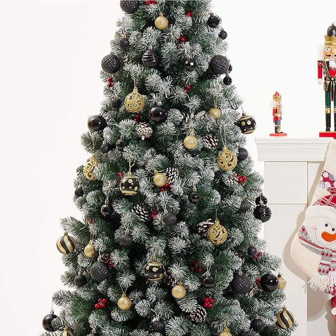 100PCS Christmas Ball Ornaments, Assorted Shatterproof Christmas Tree Decorations, Seasonal Decorative Hanging Baubles Decor Set for Xmas/Holiday/Party, Glitter&Painting Ornament Set (Black Gold)