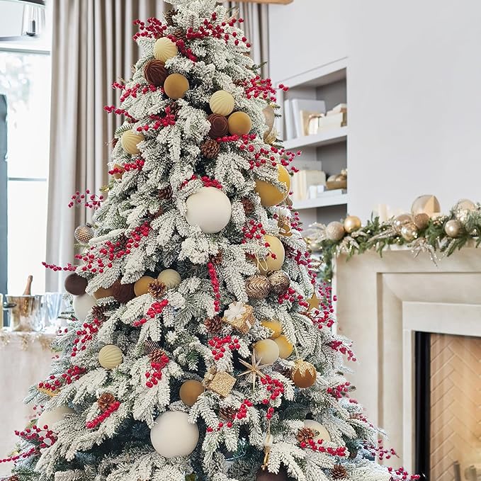 12PCS Velvet Christmas Ornaments Set – 4 Inch Large Flocked Shatterproof Baubles for Xmas Tree Decoration, Hanging Ornaments for Holiday & Home Décor (Gold, Brown, White, 4 Inch / 10 cm)