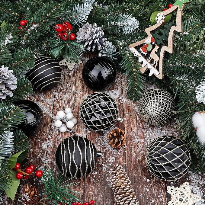 SHareconn 80mm Christmas Balls Ornaments,12PCS Colored Shatterproof Plastic Decorative Hanging Tree Decorations Baubles Set for Xmas Tree Decor Holiday Party Wedding Decoration with Lanyard,Black&Gold