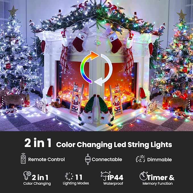 Color Changing Christmas Lights, 75ft 200 LED White & Multicolor Christmas String Lights with Remote, 11 Modes Fairy Twinkle Light Waterproof for Party Garden Wedings Holiday Xmas Tree Decorations