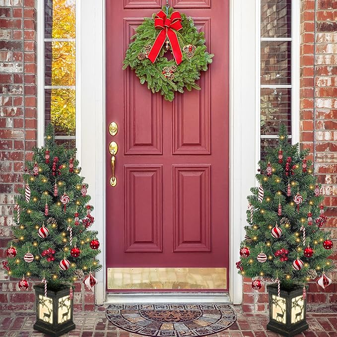 3ft Prelit Christmas Tree Set of 2 with 78 Warm Lights Red Berry Pine Cone, Mini Potted Christmas Tree with Vintage Elk Light Potted Base,Tabletop Small Xmas Tree Decor for Porch, Fireplace, Entrance