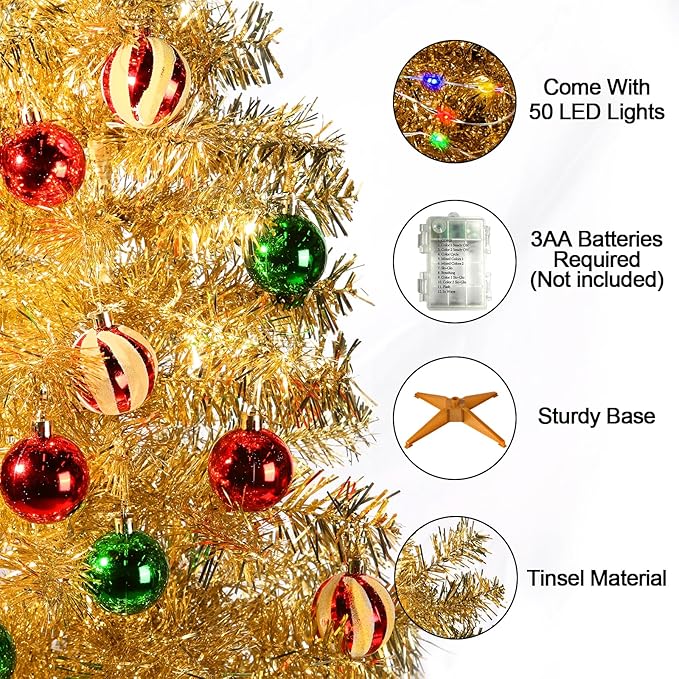 3 Ft Gold Christmas Tree with 12 Modes Timer 50 LED Four Color & Warm Lights DIY 15 Ball Ornaments 3D Star Artificial Xmas Tree Indoor Home Holiday Party Decoration