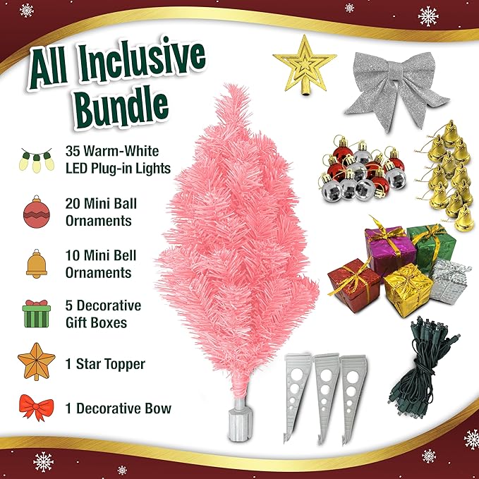 Small Pink Christmas Tree with Lights - 23 Inch Mini Tabletop Christmas Tree with Warm-White LED Lights, Hanging Ornaments, Decorative Bow and Gift Boxes - Table Tree for DIY Christmas Decoration