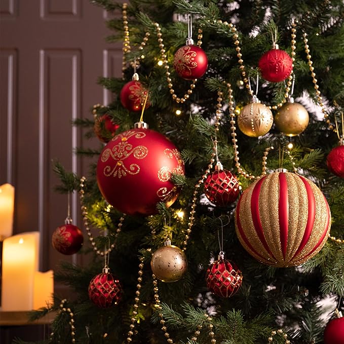 Valery Madelyn Large Christmas Trees Ornament, 4ct 5.9 Inches Red and Gold Shatterproof Christmas Tree Decorations, Luxury Hanging Ball Ornaments Bulk for Xmas Holiday Decor