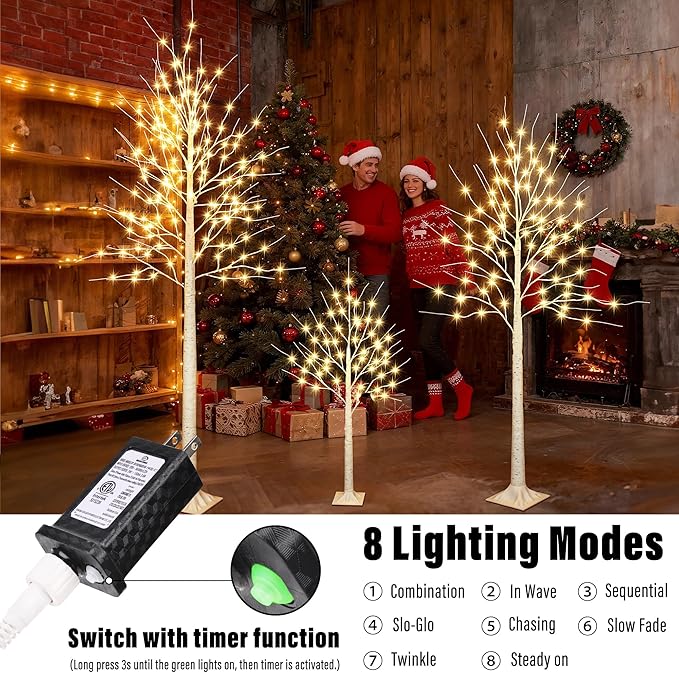 iBaycon 4FT 6FT and 8FT Birch Trees, Set of 3 Lighted Birch Tree LED Artificial Tree with 8 Modes Timer, Prelit Light Up Trees for Indoor and Outdoor Party Holiday Christmas Decorations