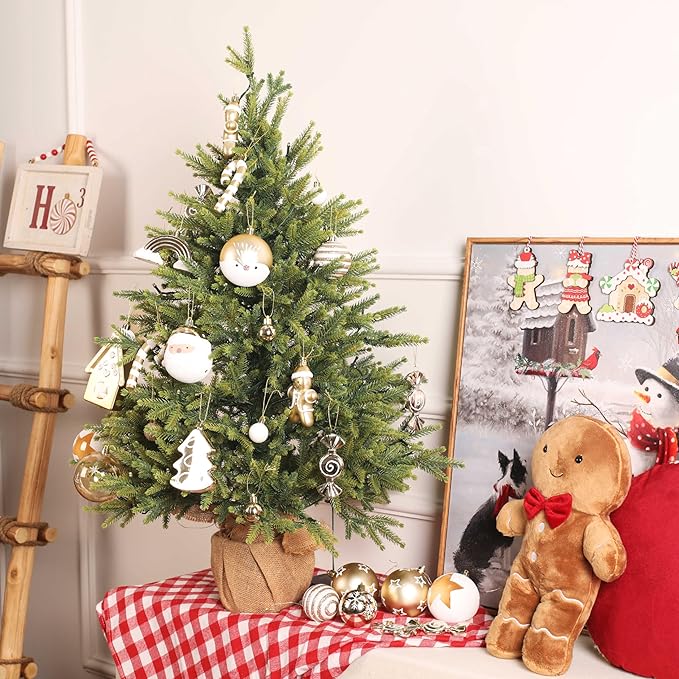 Alupssuc 65pcs Christmas Balls Ornaments Set, Shatterproof Plastic Baubles Gingerbread House, and Tree Topper for Xmas Tree Holiday Wedding Party Decorations with Hanging Strings, Gold & White