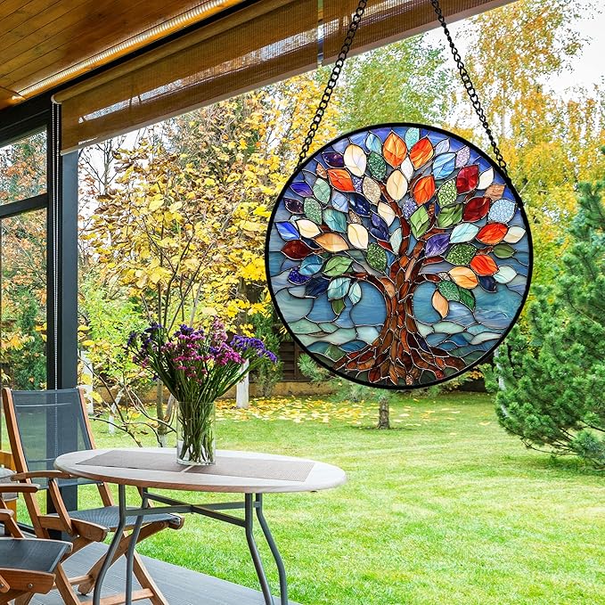 Stained Glass Window Hanging, Colorful Tree of Life Sun Catchers Glass Panel Blue Suncatcher Decor for Birthday for Women, Men, Wife, Aunt, and Mom 9.8 in